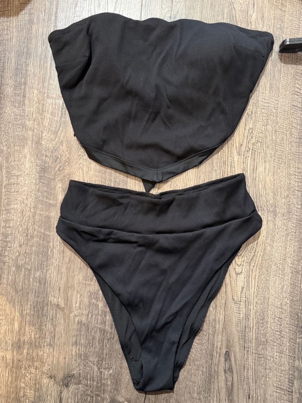 aerie Black Ribbed Strapless Bikini Set